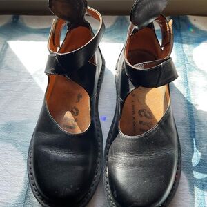 Black Leather Mary Jane Flat Shoes